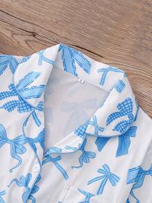 2pcs Sweet Blue Bow Print Women Pajama Set, Long Sleeve Lapel Top And Loose Elastic Pants, Suitable For Holiday Party, Casual Wear, All Seasons, Fall Clothes - Blue - View 6