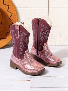1 Pair Children's Purple Sequin High-Top Square Toe PU Boots, Suitable For Outdoor Sports - Purple - View 3