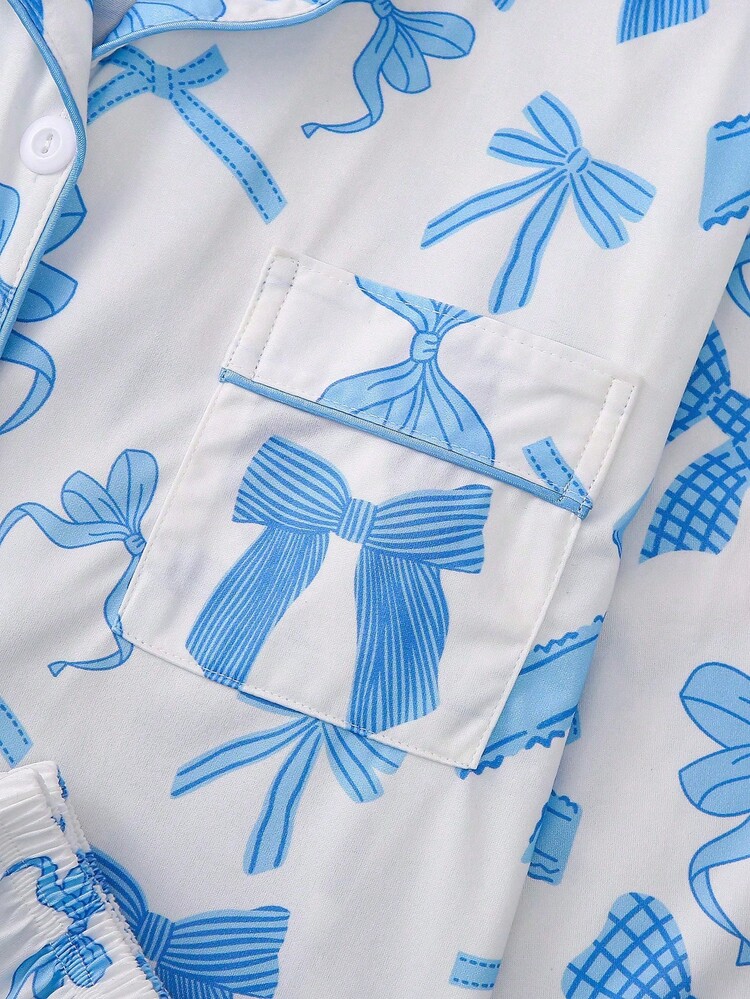 2pcs Sweet Blue Bow Print Women Pajama Set, Long Sleeve Lapel Top And Loose Elastic Pants, Suitable For Holiday Party, Casual Wear, All Seasons, Fall Clothes - 藍色 - 查看 8