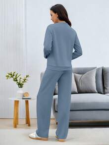 Casly Lamiit Women's 2 Piece Lounge Comfort Set - Boat Neck Sweater & Airy Wide Leg Pants Autumn Travel Casual Clothing - Blue Grey - 查看 6