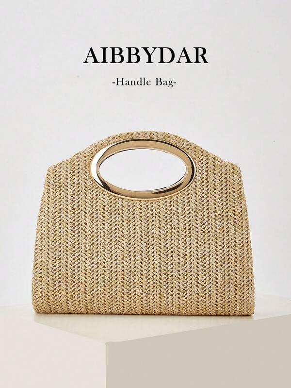 AIBBYDAR Khaki Fashionable Woven Handbag For Women, Versatile Shoulder Bag For Holiday, Beach, Business Commute, Casual, Minimalist, Beach, Vacation
