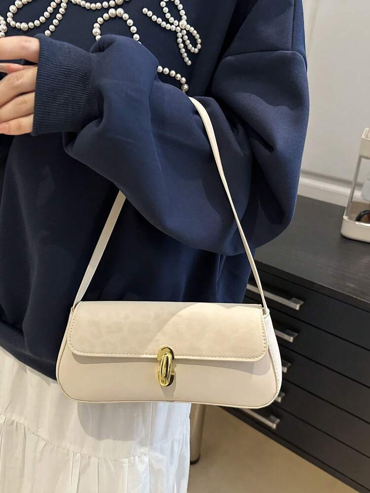 女士复古仿油皮革翻盖装饰单肩腋下包，适合约会、郊游、聚会 - 白色 - 查看 2