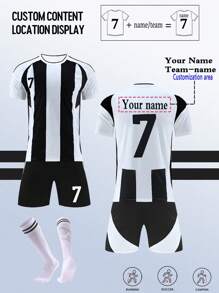 Customizable Name/Team Kids Football Jersey Set, #7 Crew Neck Top With Slight Stretch, Black & White, Suitable For Football Parties, Weekends, Running, Yoga, Hiking - Spring/Summer Sportswear, Sports Set/Casual Sportswear/Training Suit/Boys Set/Suitable For Outdoor Activities - Black and White - View 1