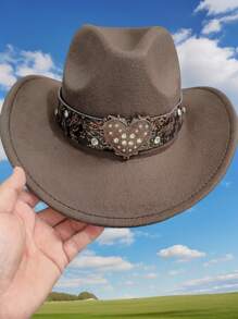 1 pièce Chapeau melon en feutre avec un cœur en métal et des cristaux, élégant et convenant pour les voyages, les fêtes, les soirées de cowboy western et l'usage quotidien pour Halloween et la Saint-Valentin