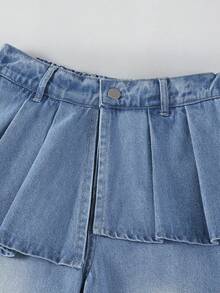 1pc Girls' Fashionable Casual Versatile Pleated Patchwork Denim Skirt Pants - Medium Wash - View 3
