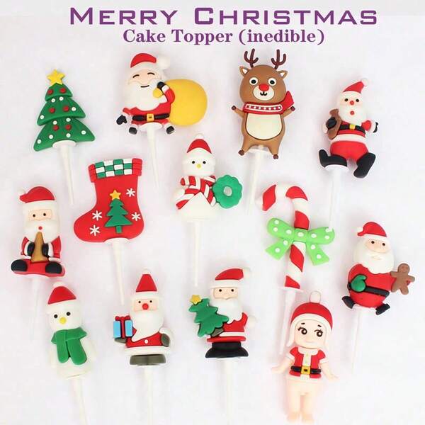 1pc/13pcs, Christmas Cake Decoration, Soft Rubber Cake Toppers Featuring Santa Claus, Christmas Tree, Snowman, And Other Patterns, Merry Christmas Santa Cake Hat, Holiday Party Home Small Decoration, Suitable For Family Gatherings, Christmas Parties, Dinners, And Cake Cup Decoration Christmas Christmas Decorations Christmas Pajamas Christmas Gifts Christmas Decor