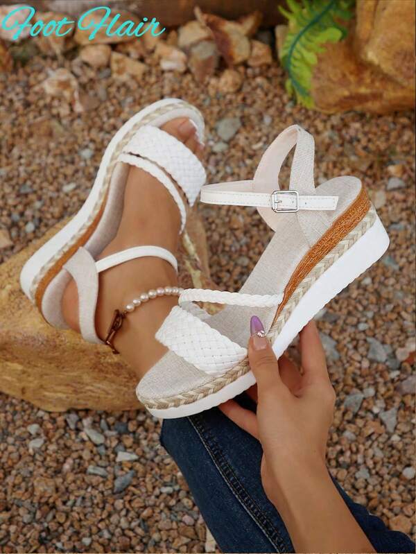 Foot Flair Women Plus Size Stone Pattern Braided Adjustable Buckle Open Toe Wedge Heel Slip On Bohemian Beach Holiday Casual Sandals, Summer New Color Matching Elasticated Rope Sole Roman Sandals