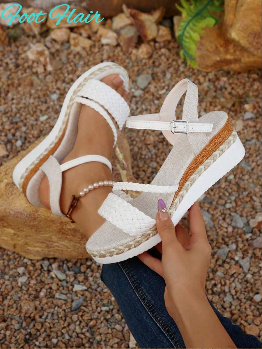 Foot Flair 女式加大码石纹编织可调节扣露趾坡跟一脚蹬波西米亚海滩度假休闲凉鞋，夏季新款配色弹力绳底罗马凉鞋