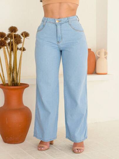 Calça Wide Leg Pantalona Jeans Feminina Cintura Alta Levanta Bumbum