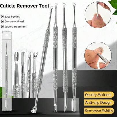 多功能专业不锈钢角质层去除工具，预处理角质层推棒，升级版卸甲油工具，角质层修剪器和指甲提拉器，死皮推棒，双头不锈钢圆斜头指甲角质层推棒
