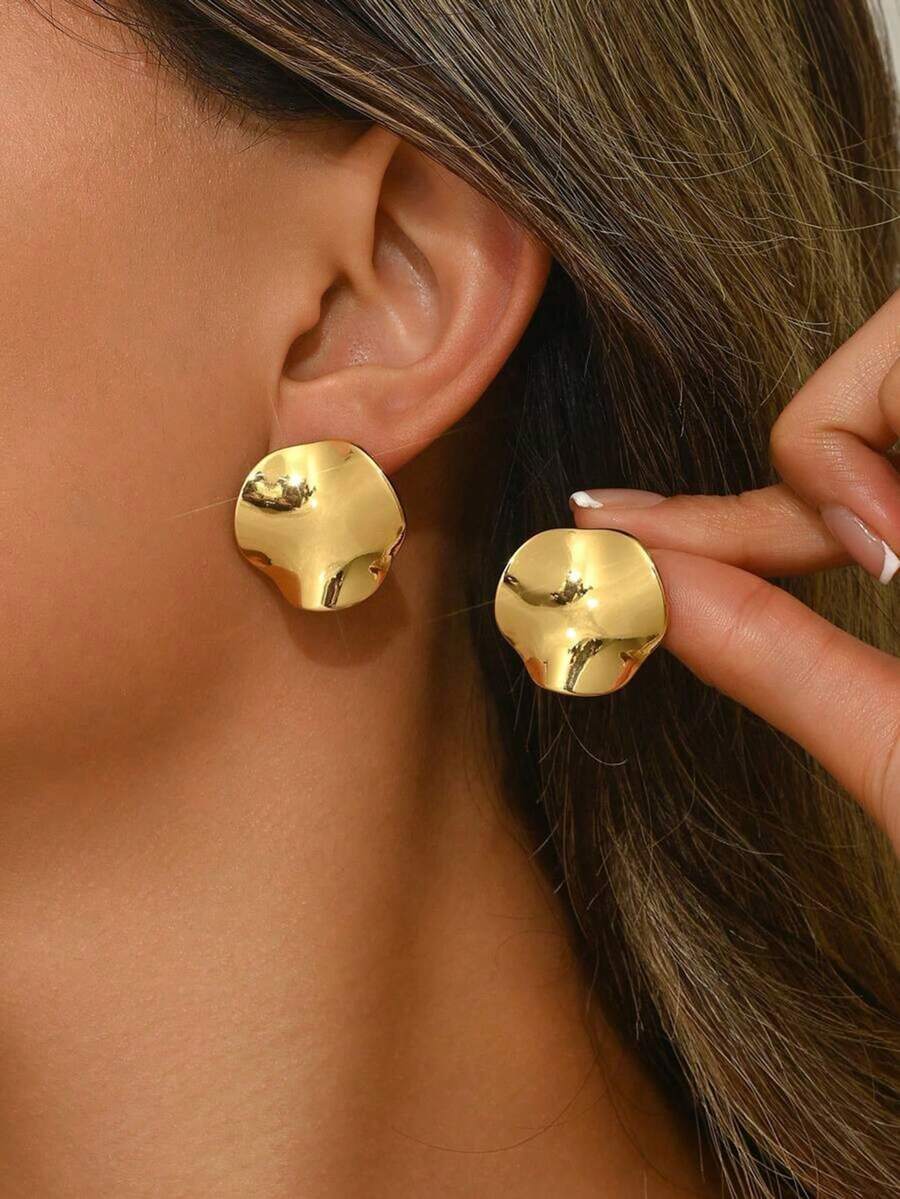 1 Pair Asymmetrical Wavy Gold Metal Earrings, Suitable For Women's Daily Wear Jewelry Accessories - Gold - View 1