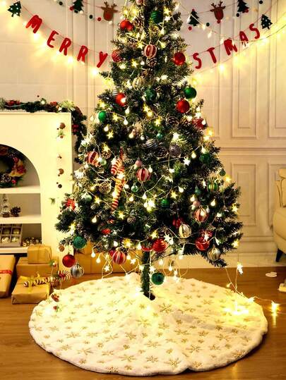 90-120cm Plush Printed Christmas Tree Skirt, Artificial Tree Bottom Decor Craft, Golden Snowflake Design, Suitable For Party, Christmas, Christmas Decoration, Christmas Home Decor
