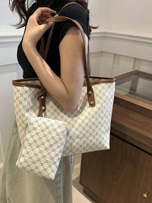两件套女士大容量托特包，时尚撞色单肩包 PU，女大学生，新手和白领，适合办公室、大学、工作、商务、通勤、户外、旅行、郊游 - 白色 - 查看 11