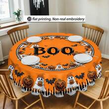 1pc Halloween Pumpkin, Ghost, Bat Pattern Tablecloth, Seasonal Kitchen/Dining Table Decor, Round Or Rectangular Sizes Available, Polyester Material, Indoor/Outdoor Party Decoration, Halloween Holiday Decor, Home Kitchen Decor