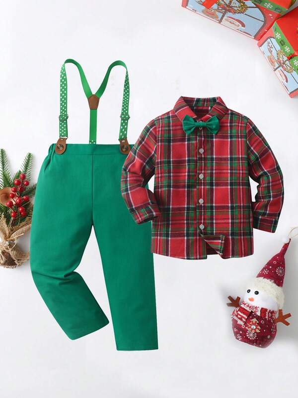 BOARNSEORL 2pcs Young Boys Gentleman Outfit - Plaid Long Sleeve Shirt With Bow Tie And Green Suspender Pants, Suitable For Birthday Party, Wedding, Anniversary, Christmas Gathering