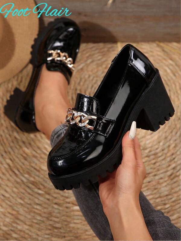 Foot Flair Women's Metal Chain Decor Round Toe Slip-On Thick Sole (Size Runs Small By 1 Size) High Heel Shoes Spring/Autumn New Vintage Plus Size PU Leather High Heel Oxford Shoes Black British Style Work Shoes
