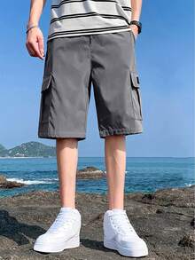 1件青少年男童休闲夏季户外运动带口袋时尚纯色实用短裤，春秋季 - 深灰色 - 查看 4