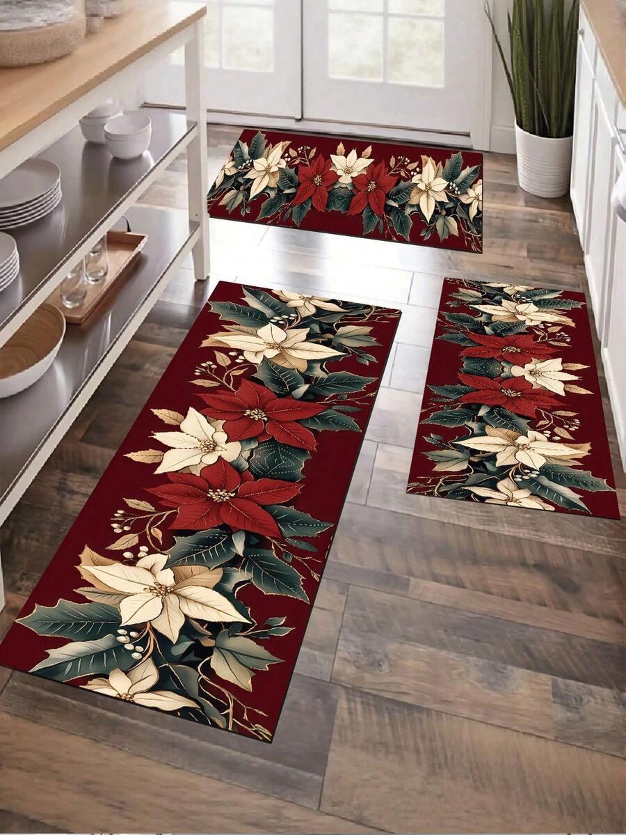 1pc Vintage Floral Kitchen Mat, Modern Farmhouse Absorbent Quick Dry Kitchen Carpet, Indoor Hallway Rug - Red, Runner Rug, Mudroom Doormat, Modern Farmhouse Absorbent Quick Dry Kitchen Carpet - Multicolor - View 1