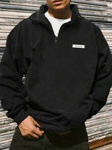Sudadera con cuello alto y cremallera para hombre, de ajuste holgado y versátil, media cremallera, manga larga, para otoño/invierno - Negro - Ver 1