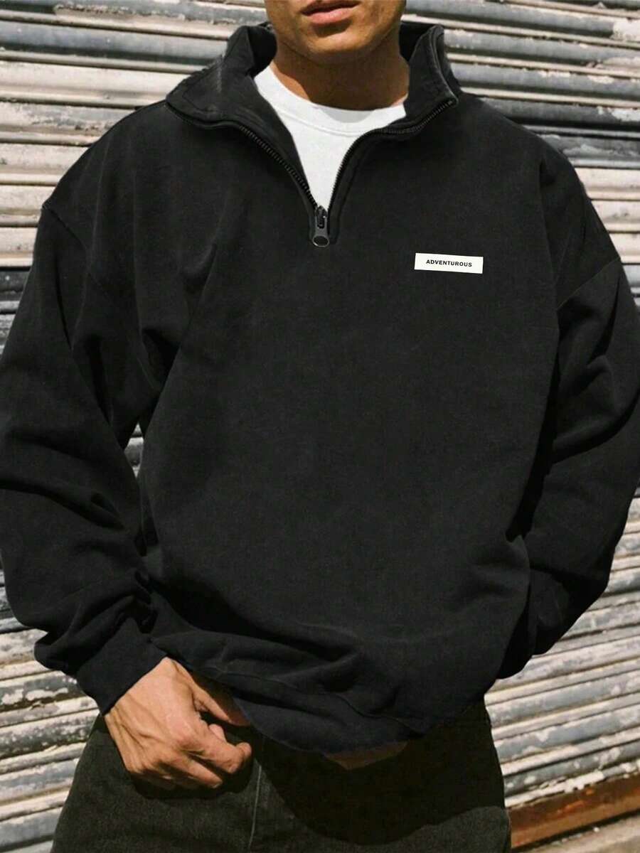 Sudadera con cuello alto y cremallera para hombre, de ajuste holgado y versátil, media cremallera, manga larga, para otoño/invierno - Negro - Ver 1