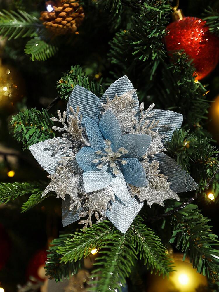 20 件/10 件/2 件多色人造一品红、带夹子的一品红圣诞树装饰、闪光镂空网状一品红、圣诞装饰、节日配饰、圣诞树、花环、闪光一品红圣诞树饰品、节日装饰 DIY 一品红花环、派对装饰 - 淺藍 - 查看 3