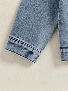 Toddler Little Girl Denim Jacket Back Letter Print Collared Long Sleeve Button-Up Jean Fall Tops - Blue - View 6