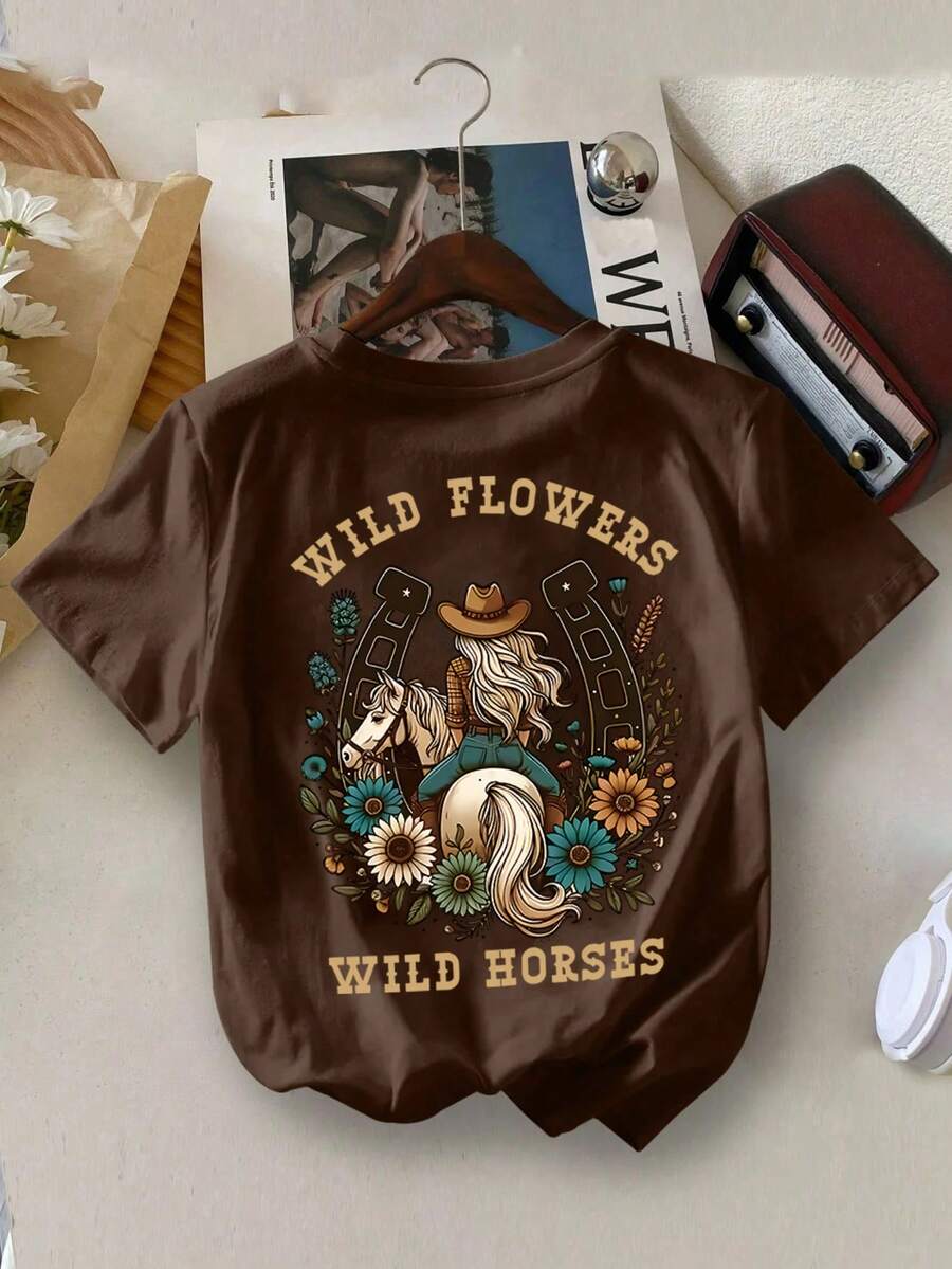 女孩与马卡通印花圆领短袖T恤，春夏休闲童装 - 棕色 - 查看 1