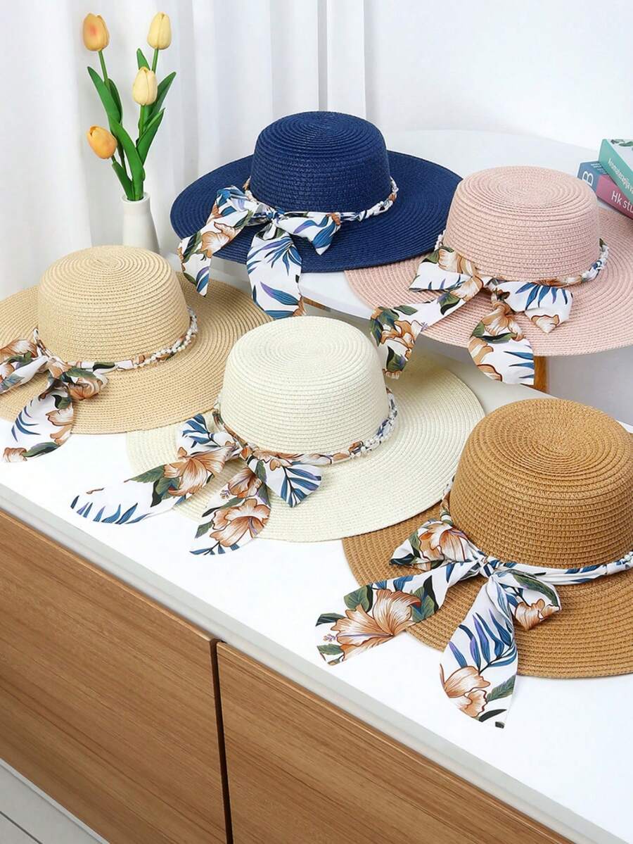 1 pièce Chapeau de paille à large bord avec nœud papillon pour femme, chapeau de soleil pliable pour les vacances, protection UV, port quotidien