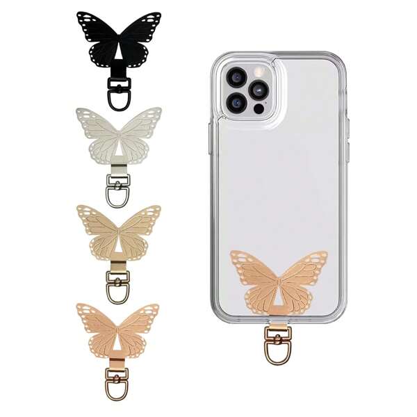 1 Etiqueta de metal con cuerda, Etiqueta de cordón con mariposa, Gancho para teléfono, Repuesto de correa de reloj de acero inoxidable de alta resistencia para todos los estuches de teléfono completos, Oro, Plata, Negro, Oro Rosa