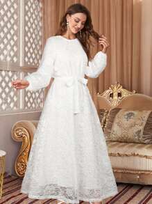 Round Neck Long Sleeve Lace Modest Dress With Belted Waist In Solid Color - White - View 1
