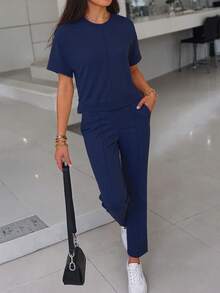 2pcs Casual Women Set, Solid Color Short Sleeve Top And Elastic Waist Pocket Pants, Spring/Summer