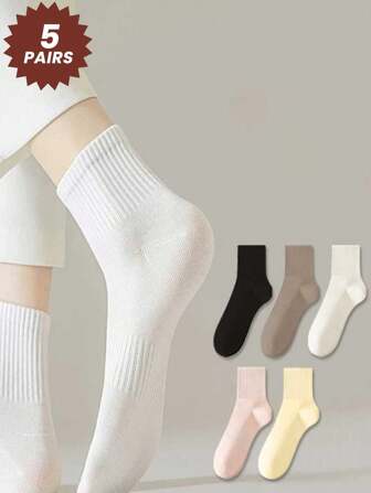 5 Pairs Random Color Women's Waist Binding Mid-Calf Socks, Candy Color Solid Breathable Long Socks For Spring & Autumn