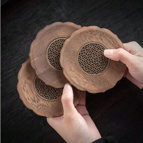 Dessous de verre en bois de bambou et en forme de tête de bœuf pour boissons, protection de la table de café - Soucoupe en alliage pour théière, coasters de style japonais antidérapants et résistants à la chaleur pour la table et la décoration de la cuisine, convenant à toutes sortes de tasses et de tables en bois