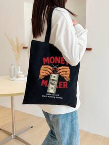 New Fashion Money Letter Print Tote Bag, Versatile For School, Campus ...