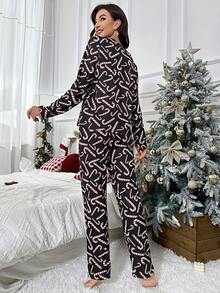 Women's Long Sleeve & Pants Cute Christmas Cartoon Pattern Pajama Set, Suitable For Spring & Autumn, Fall Clothes