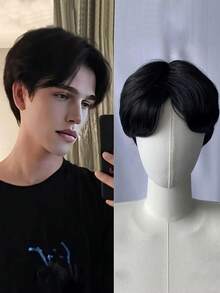 Perruque pour homme avec raie au milieu, coupe courte, perruque à clipser stylée, volumineuse et naturelle, facile à porter pour le cosplay - Multicolore - Voir 5