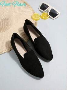 Sapatilhas femininas Foot Flair, sapatos baixos elegantes de camurça sintética com bico fino, adequados para o deslocamento diário, mocassins casuais pretos de cor sólida - Preto - Ver 7