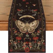 Black & Beige Poppy Moth Mushroom Moon Autumn Table Runner, Seasonal Fall Kitchen Dining Table Decor For Home Party