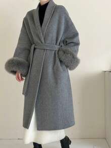 女士经典披肩领系腰长款双面羊毛大衣，秋冬季休闲加长外套 - 灰色 - 查看 8