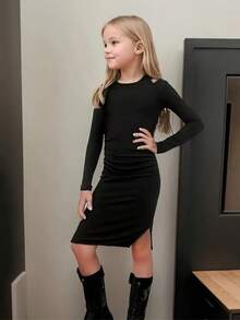 Vestido midi de malha vazada com decote redondo e fenda, cor sólida, elegante e moderno para outono/inverno