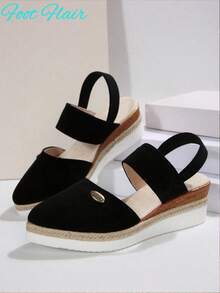 Foot Flair 女式加大码尖头拼色露背帆布凉鞋，黑色波西米亚海滩度假风格，全新轻质厚底坡跟凉鞋 - 黑色 - 查看 8