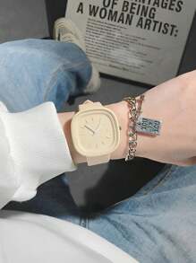 2pcs/Set High-Quality Cream Jelly Square Dial Quartz Watch & Bracelet For Students - Apricot - View 2