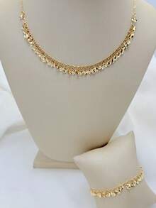 Women's Round Sequin Necklace And Bracelet Set, 18k Gold Plated And 925 Silver - 金色 - 查看 6