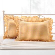 QTSage Green Plaid Ruffle Pillow Shams Standard Set Of 2 Vintage Checkered Washed Cotton Bed Pillow Covers 20x26