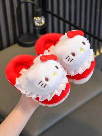 Sanrio Pantuflas para niñas de Hello Kitty, zapatos interiores suaves de suela blanda con forro de peluche cálido y diseño de bloques de color de dibujos animados lindos, para otoño/invierno