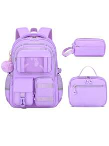3pcs/Set Teen Girl's Backpack - Middle School Student Bag With Lunch Box Pocket & Pencil Case, 15.6-Inch School Laptop Backpack, Casual Simple Multi-Pocket Design With Plush Ball Pendant, Back-To-School Essential For School & Travel