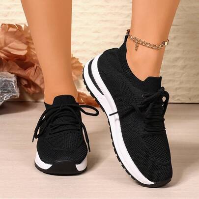 全新跨境大码系带镂空女式透气针织运动鞋，时尚纯色运动针织系带时尚徒步户外散步健身休闲鞋，百搭春夏秋季