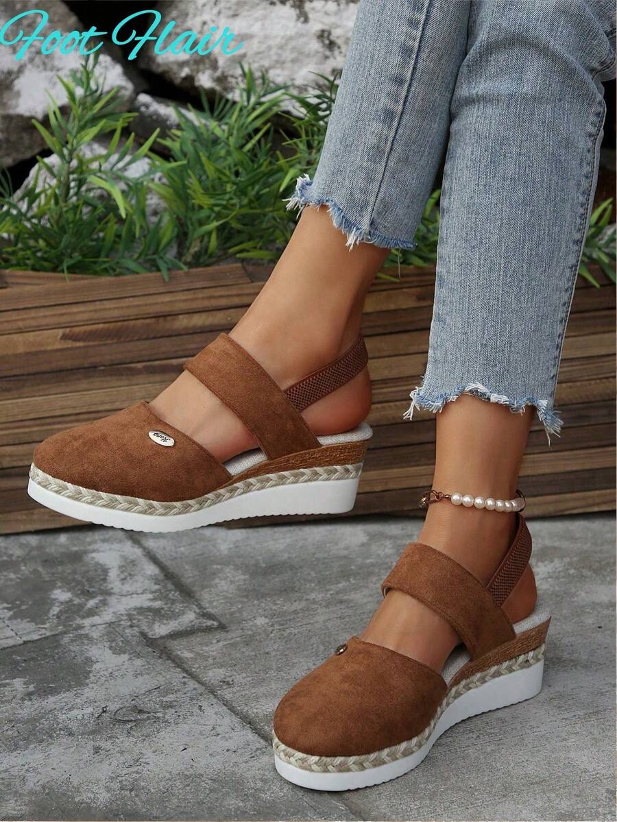 Dép quai hậu hở mũi đế vải lanh đàn hồi cỡ lớn Foot Flair dành cho nữ, phong cách Bohemian Beach, thoải mái cho mùa hè, màu nâu