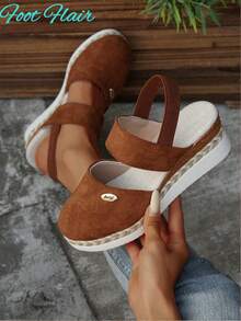 Dép quai hậu hở mũi đế vải lanh đàn hồi cỡ lớn Foot Flair dành cho nữ, phong cách Bohemian Beach, thoải mái cho mùa hè, màu nâu - màu nâu - Xem 3