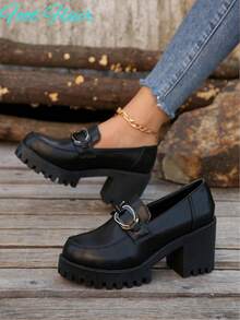 Foot Flair 女士金属链条装饰厚底圆头套脚高跟鞋，复古风格，大码，PU 皮革牛津鞋，黑色，英伦风职业平底鞋（选择尺码时请参考尺码指南） - 黑色 - 查看 6